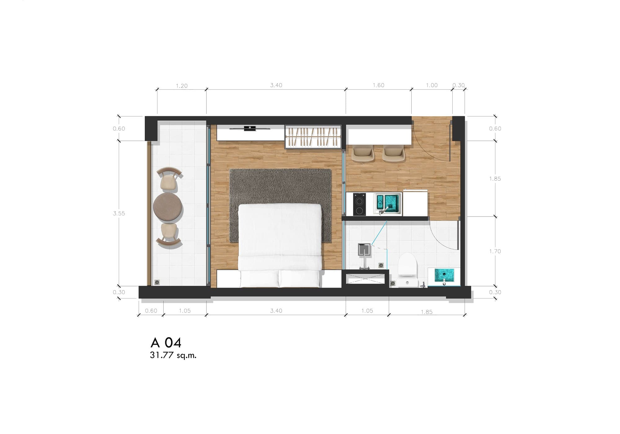 Proud Rawai — Wohnung 404, 1 Schlafzimmer, 31,77 m² 2