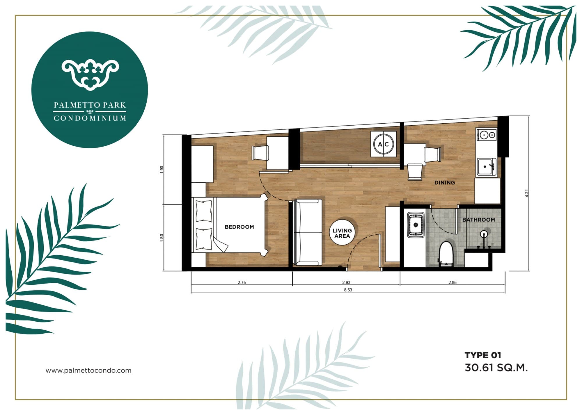 Palmetto Park — شقة 701، غرفة نوم واحدة، 30.61 م² 1