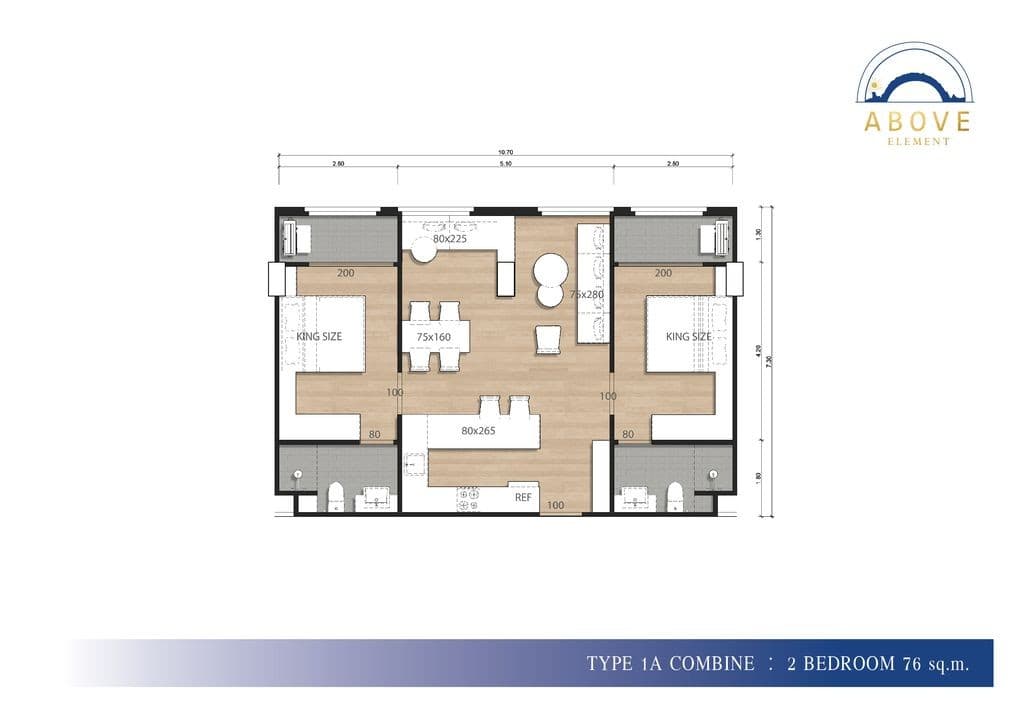 Above Element Condominium — A213 + A214, 2 غرف نوم، 76 م² 1